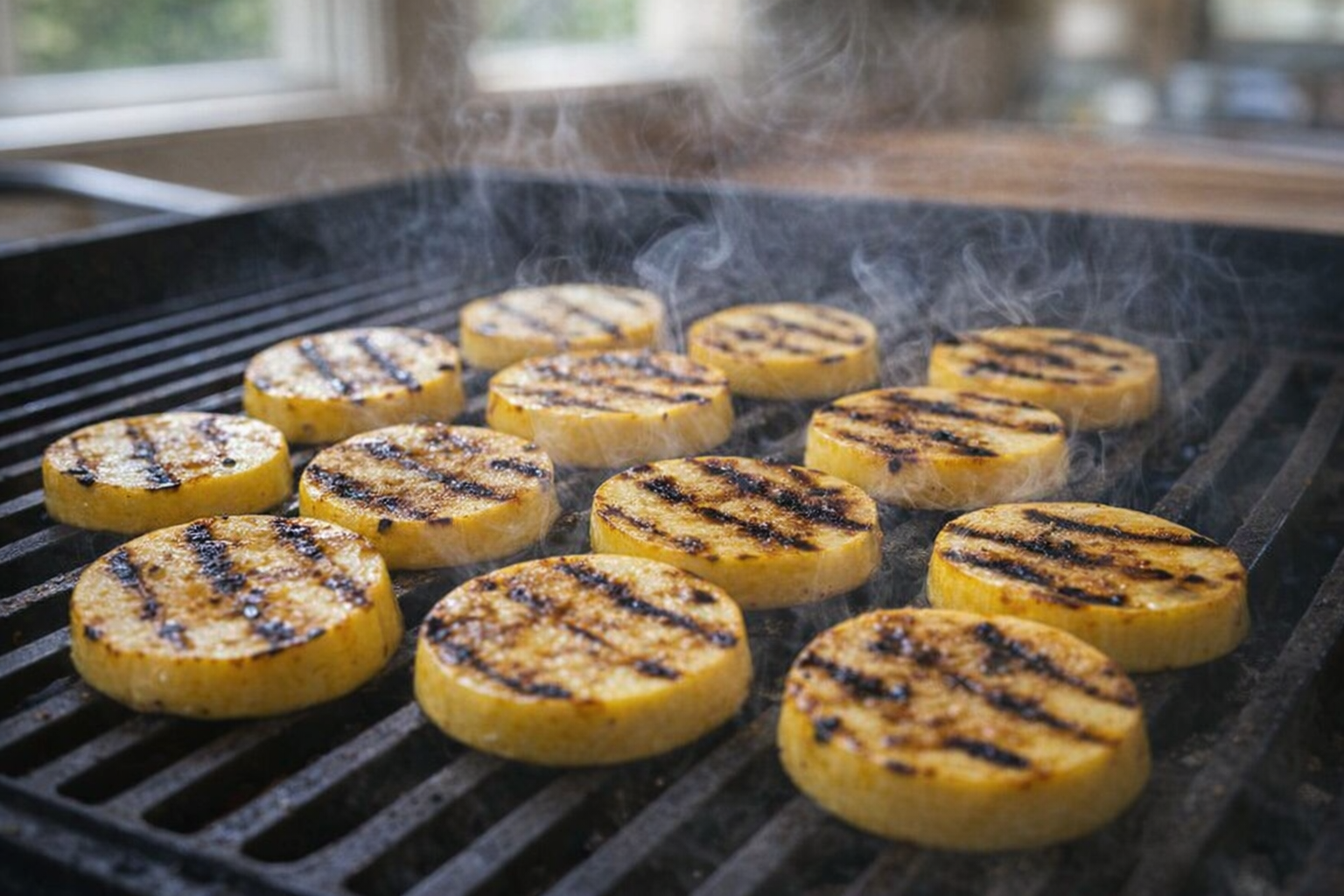 Yellow squash slices sizzling on a grill, with dark char marks and steam rising, grill grates visible, bright daylight